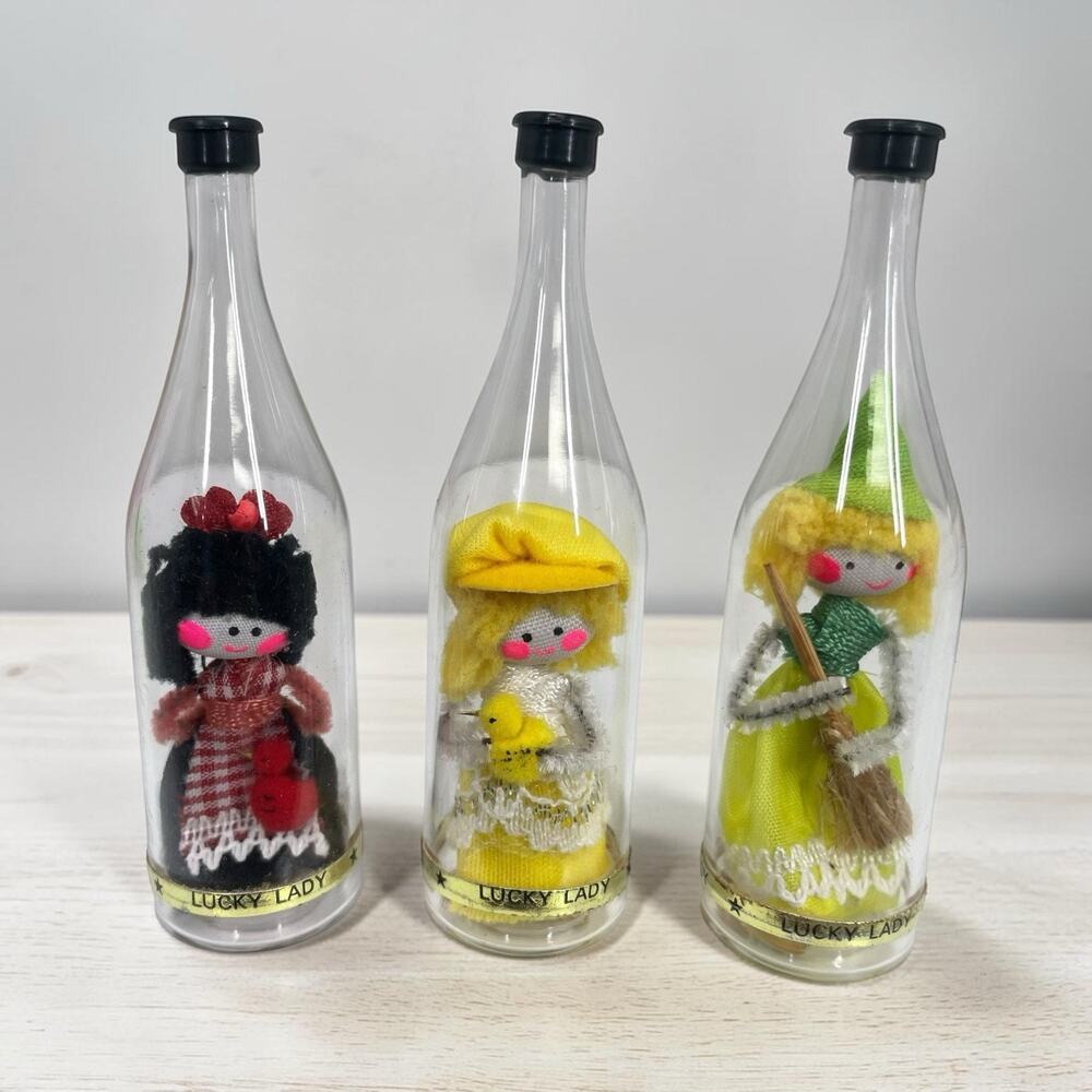Lot of 3 Rare Vintage Miniature Lucky Lady Dolls in Bottles Kitschy Tchotchke